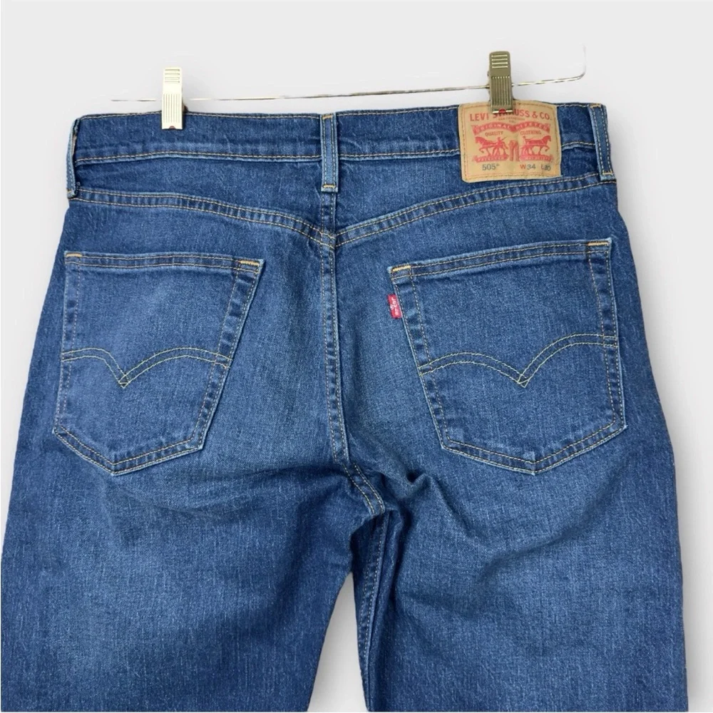 Levis 505 Straight Mid Rise Jeans Mens 34x30 Blue Medium Wash Stretch Preppy